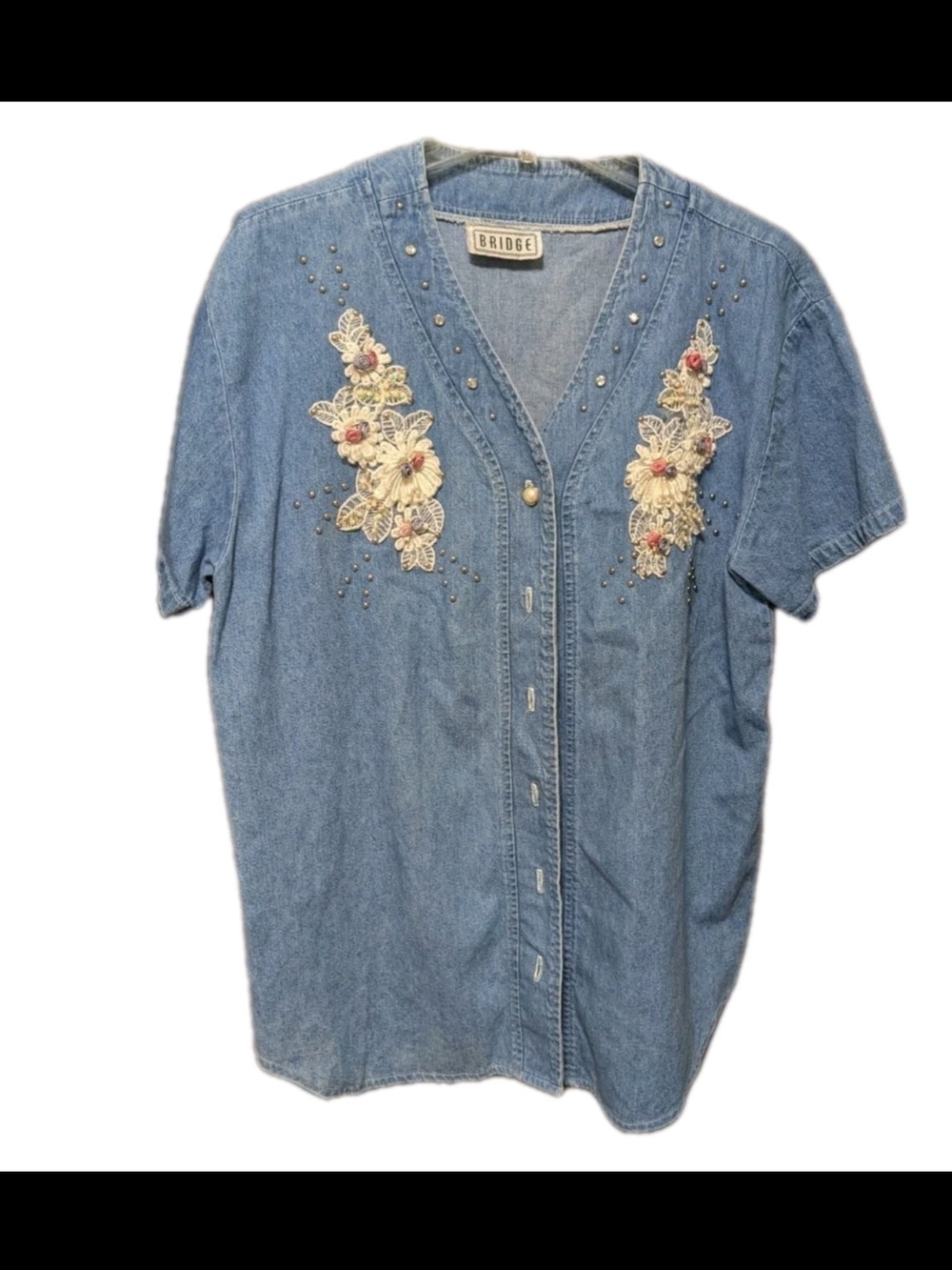 Vintage 80s Embellished Cowgirl  Lace rhinestones Denim Shirt XL